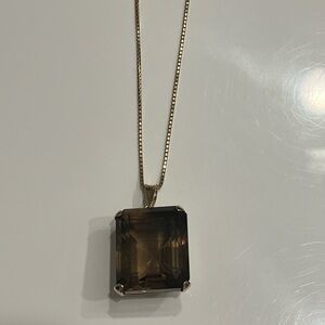 Gold and Brown Smoky Quartz Pendant Necklace with Square Design